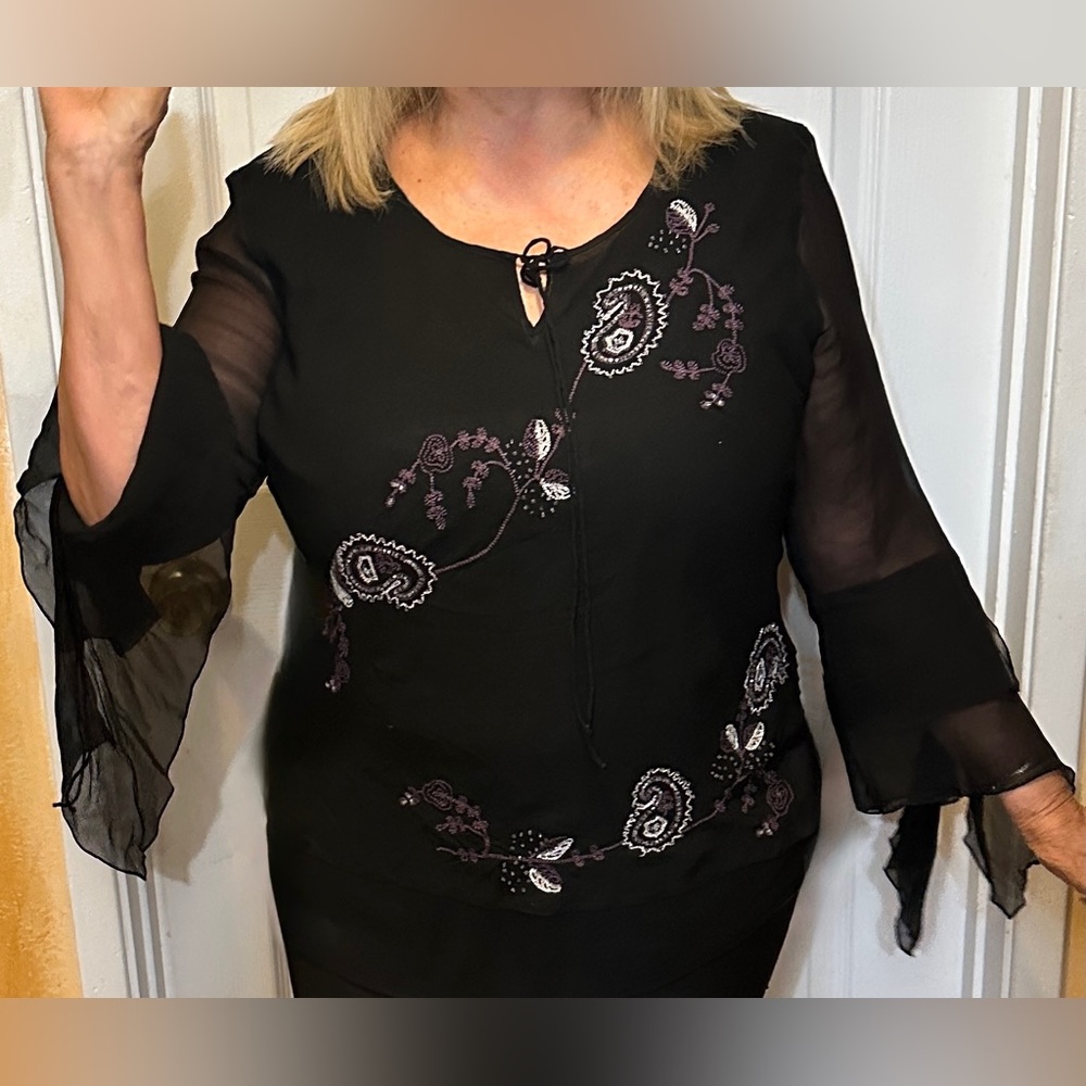 Silkland Blouse Peasant Black Embroidered Beaded Witchy Whimslgoth  Silk Large
